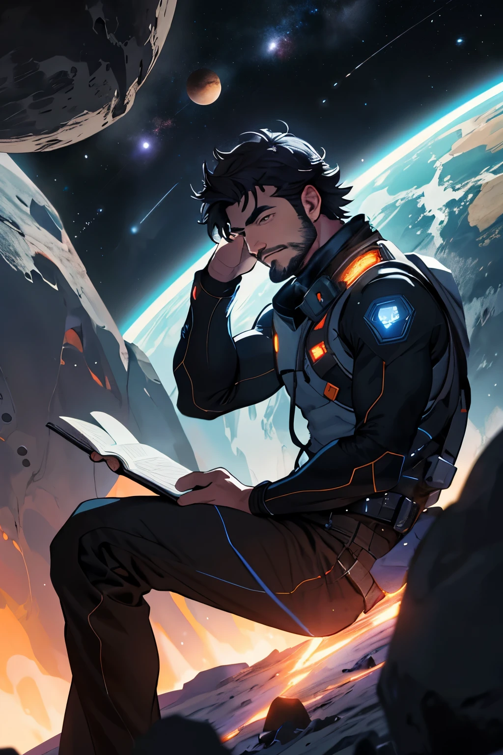 Draw a young programmer, sitting on a research platform floating in the middle of an asteroid belt. He is studying with a notebook, surrounded by several asteroids glowing with fiery auras. Dramatic lighting from distant stars and planets illuminates the scene, casting deep shadows on the suit. The young man looks confident and determined, looking at the vast and mysterious universe with wonder and respect,facial hair, cowboy shot,