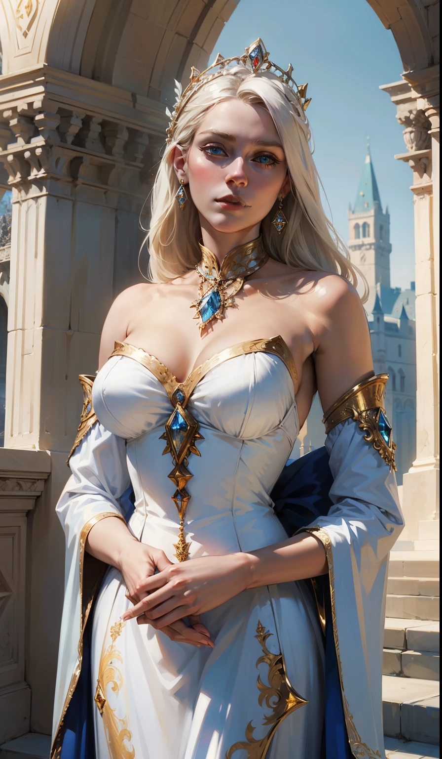 Fantasy, 19th century, empress, woman, delicate face, pale blonde hair, blue eyes, in a white royal dress with open shoulders, gold patterns on fabric, crystal jewelry, with a scarlet ribbon over the shoulder with the regalia of the monarch, Gothic castle made of white stone on the background, light, day, hd