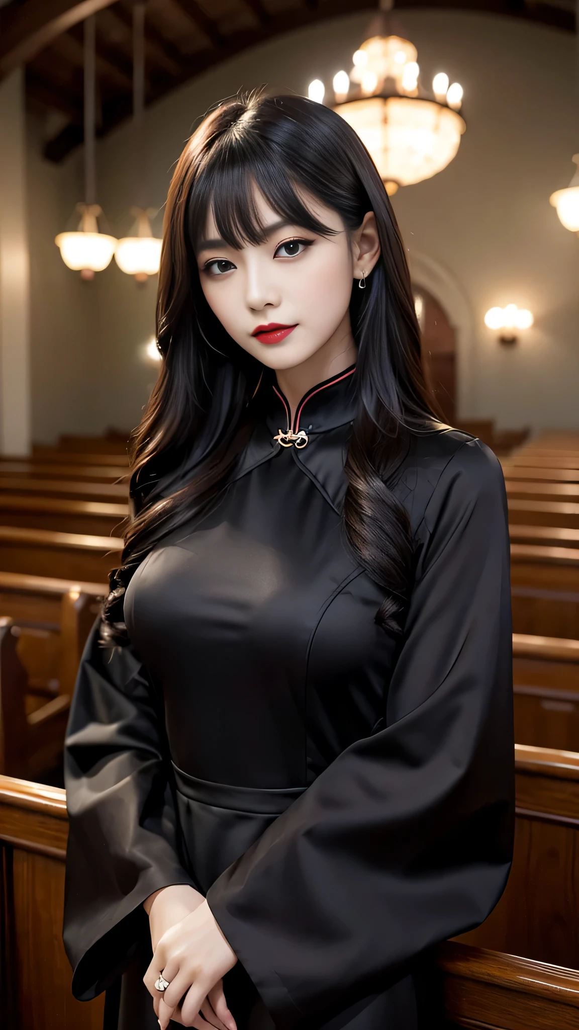 tra-detailed、2girls、Japanese、attractive beauty、seductive adult woman、pretty woman、piercing eyes、cool girl、wavy hair、swept bangs、Long Black Cheongsam、wide sleeves、Evil cadres、evil depravity、brainwash、mind control、lipstick、lip gloss、dark makeup、smirk、Evil expression、evil、hollow eyes,half-closed eyes、empty eyes、evil、church at night、vampire、succubus、vampire、makeup brush、Swear allegiance、stand