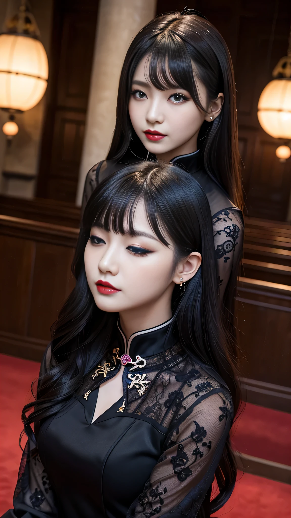 tra-detailed、2girls、Japanese、attractive beauty、seductive adult woman、pretty woman、piercing eyes、cool girl、wavy hair、swept bangs、Long Black Cheongsam、wide sleeves、Evil cadres、evil depravity、brainwash、mind control、lipstick、lip gloss、dark makeup、smirk、Evil expression、evil、hollow eyes,half-closed eyes、empty eyes、evil、church at night、vampire、succubus、vampire、makeup brush、Swear allegiance、stand