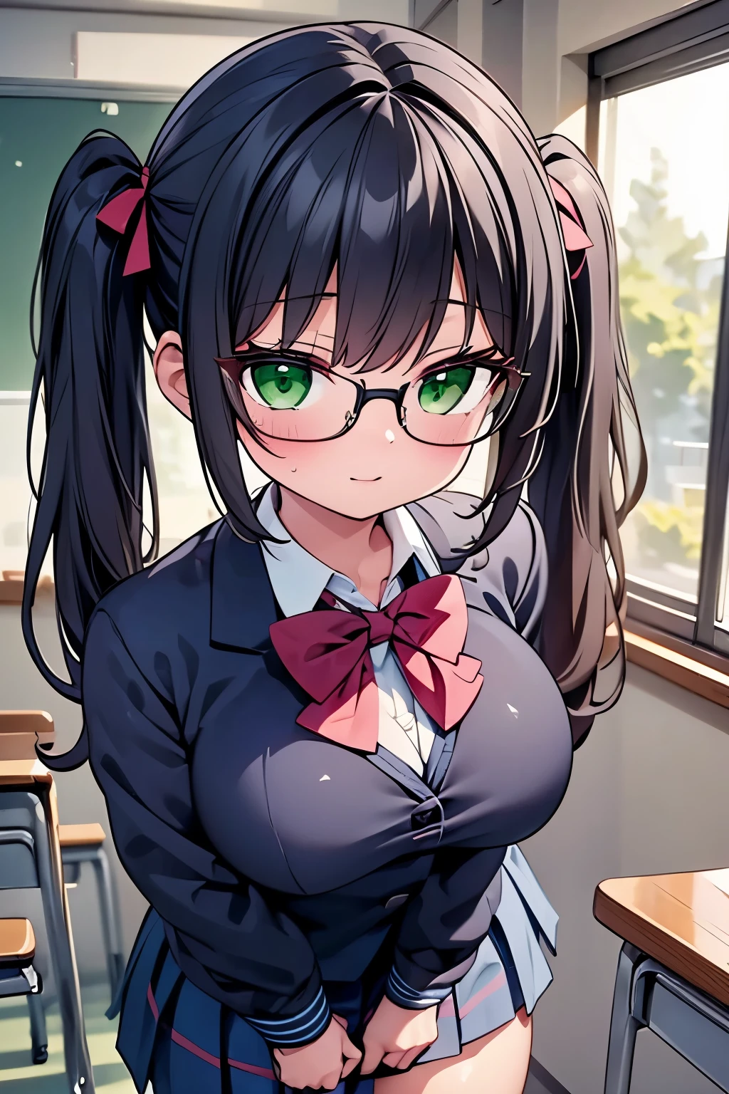 highest quality,wonderful,finely,extremely detailed CG unity 8k wallpaper,1 girl, big breasts,(school uniform:1.3), huge breasts,black hair, glasses, green eyes,twin tails, highest quality,Super detailed,unity 8k wallpaper,game CG,