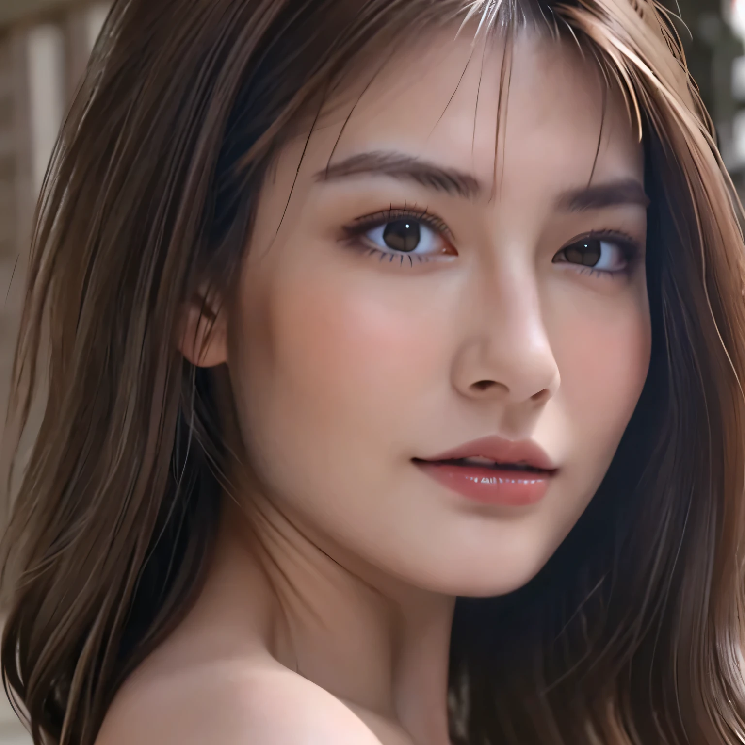（best quality，High resolution，master piece：1.3），tall and beautiful woman，frontage，loose wavy dark brown hair，big breasts，V-neck white shirt，dark alley，Beautifully rendered facial and skin texture details，charming eyes，double eyelid、