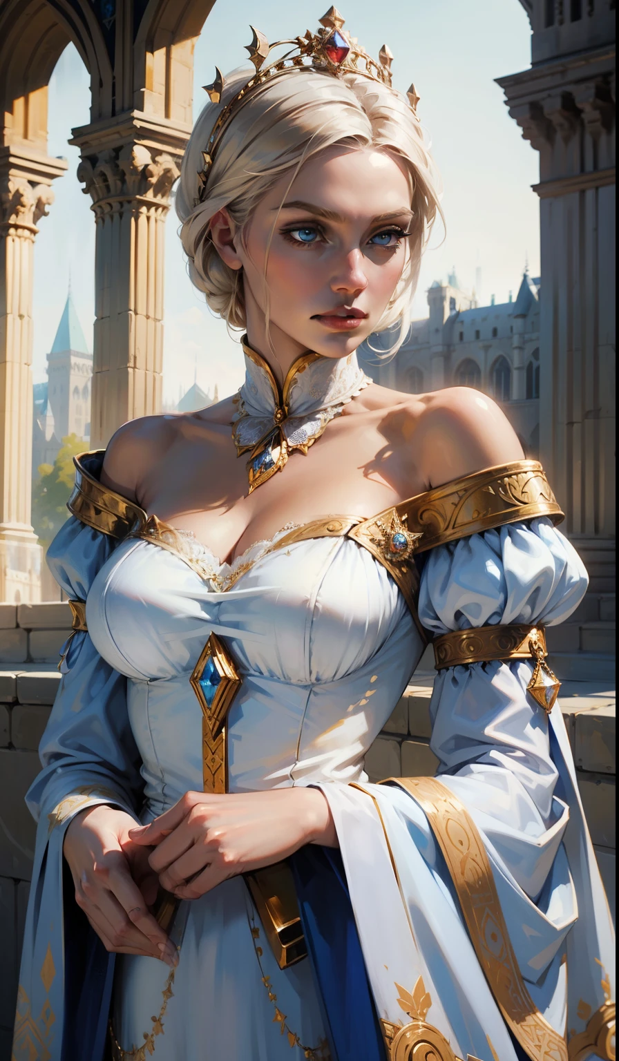 Fantasy, 19th century, empress, woman, delicate face, pale blonde hair, blue eyes, in a white royal dress with open shoulders, gold patterns on fabric, crystal jewelry, with a scarlet ribbon over the shoulder with the regalia of the monarch, Gothic castle made of white stone on the background, light, day, hd