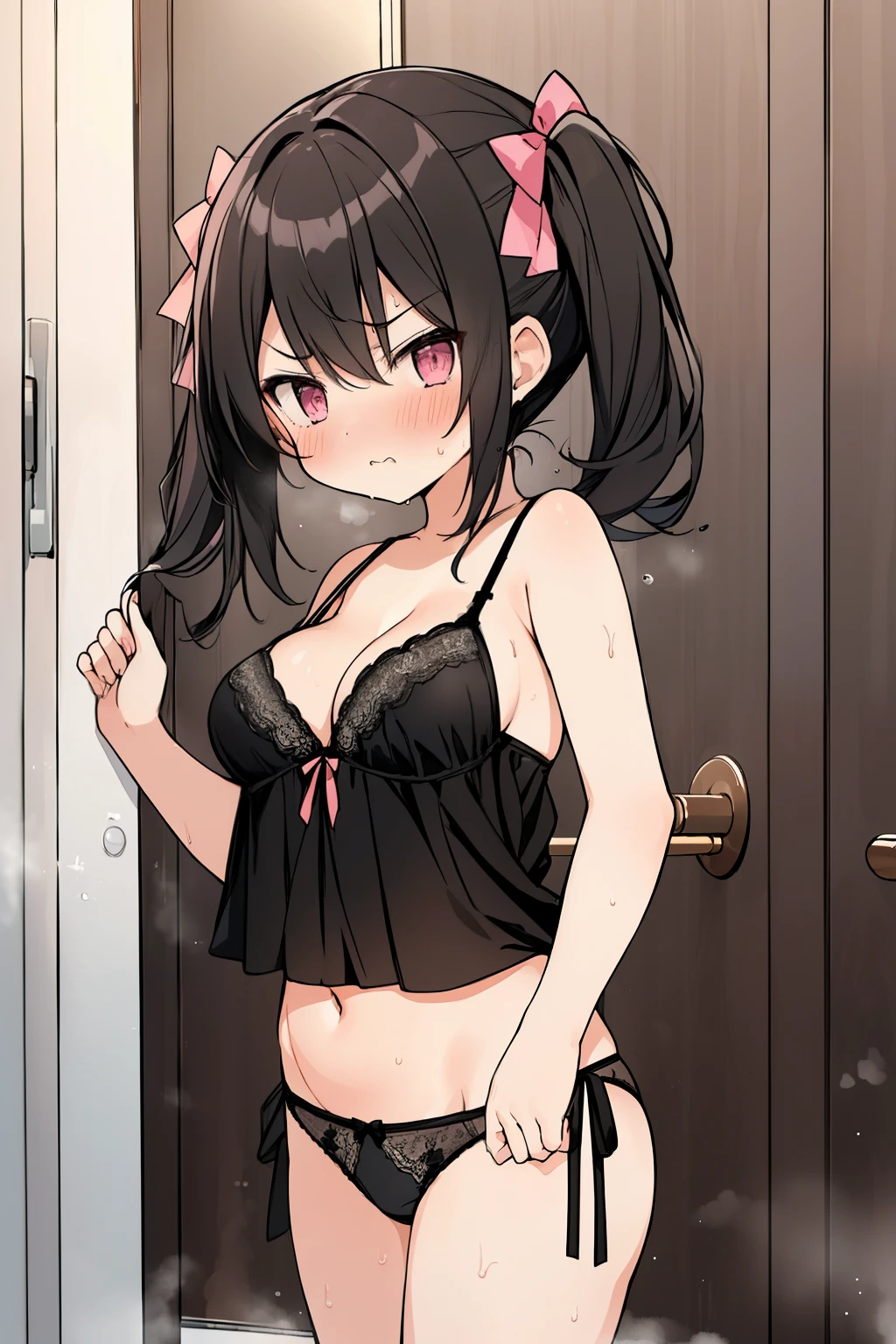 (( masterpiece, highest quality))), (girl)、NSFW(、10 ye、standing_split、low length、black hair、twin tails、(huge breasts:1.8、belly button、pink bra、panties、black tights)drunk eyes、angry look、anger、((close)), ((flushed)),,,Sweat、night:2.0、Hotel、perfect composition、close、