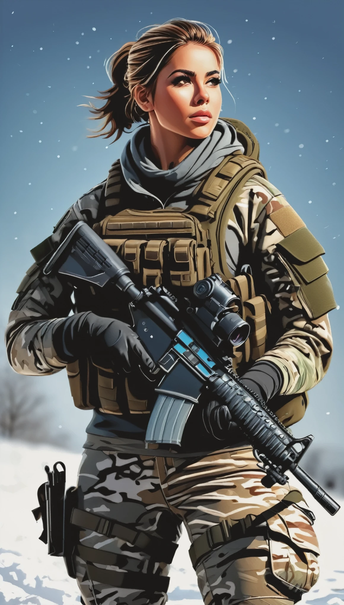 (Vector art:1.4),(photorealistic), beautiful lighting, best quality, realistic, full body portrait, real picture, intricate details, depth of field, 1girl, in a cold snowstorm, A very muscular solider girl with haircut, wearing winter camo military fatigues, camo plate carrier rig, combat gloves, (magazin pouches), (kneepads), highly-detailed, real face, real silhouette, automatic weapon, outdoors, bright day, Beautiful lighting, RAW photo, 8k uhd, film grain ((bokeh)), vector technique, vector art