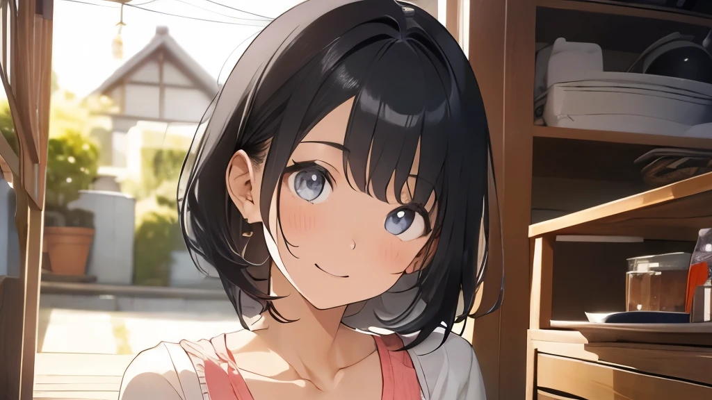 とてもsmile、17 year old female、black hair、hair is short、smile、one&#39;s home、eyes are black、Very beautiful、Very sexy、chest is big