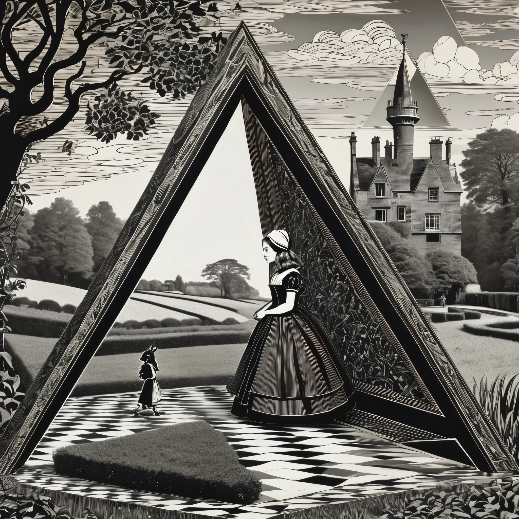 Lewis Carroll, Alice in the Country, Depict the Duchess whose figure is softly illustrated in such a way that her silhouette smoothly transforms into an impossible triangle, inspired by the graphic works of Escher