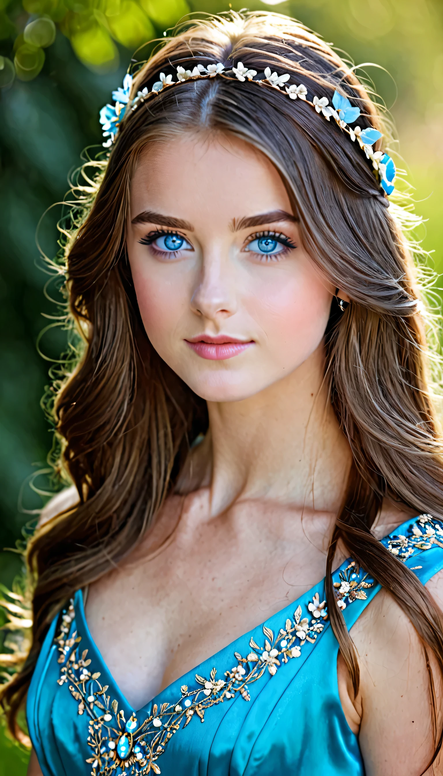 Girl, browen hair, blue eyes, well dress