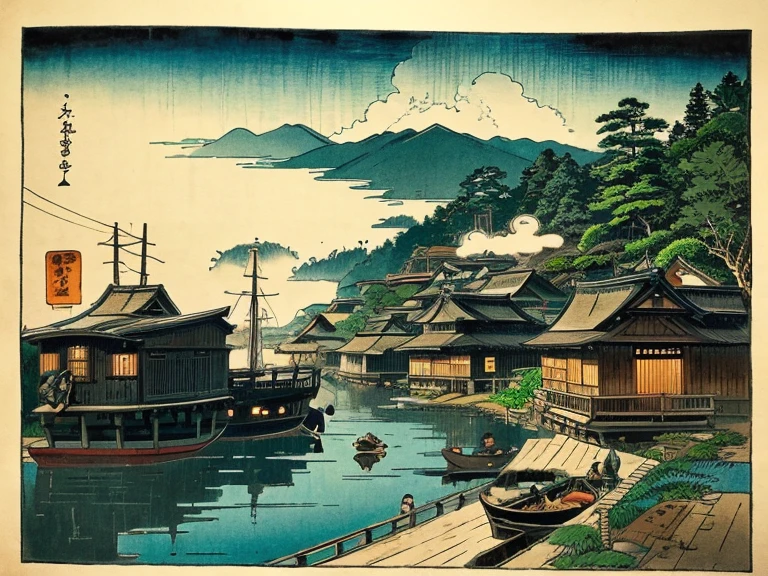 arafed view of a japanese village with a boat in the water, in the edo era, japanese scenery in edo period, inspired by Ogata Kōrin, by Utagawa Hiroshige II, by Utagawa Kunimasa, edo era, by Hiroshige, inspired by Watanabe Shōtei, inspired by Utagawa Kunimasa