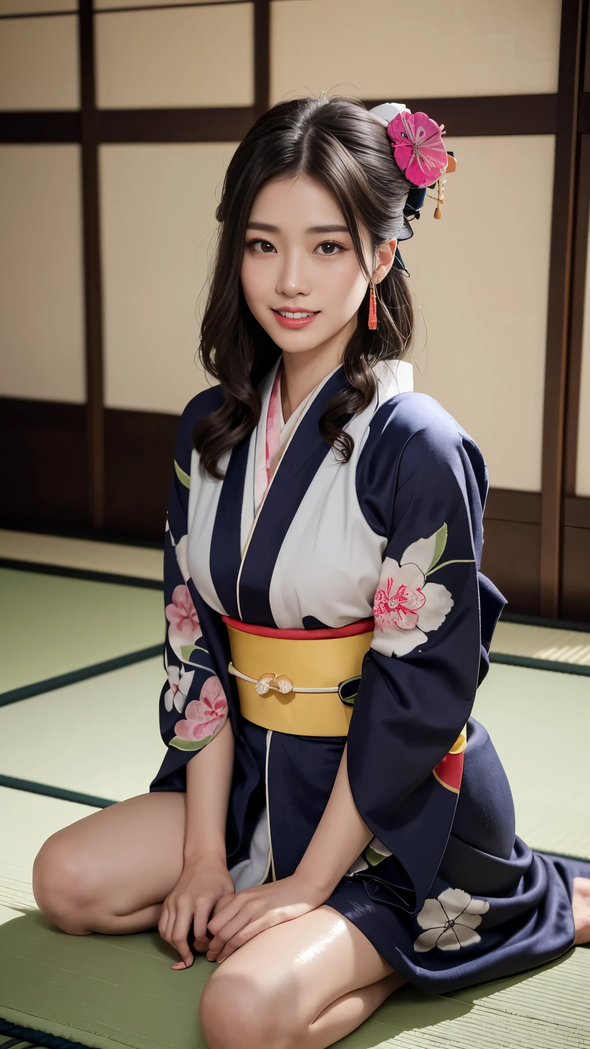 ((top quality, 8K, masterpiece:1.3)), (focus control:1.2), (Perfect Body Beauty:1.4), ((delicate hair)), (Highly detailed face and skin texture), fair eyes, double eyelid, (shiny skin:1.5), 1 woman, (dark brown wavy hair), (beautiful teeth), (stretching), very small face, smile, Concentrate upon: 1.2, socks, Tatami mat room, matted hair, droopy eyes, (colorful kimono:1.5),