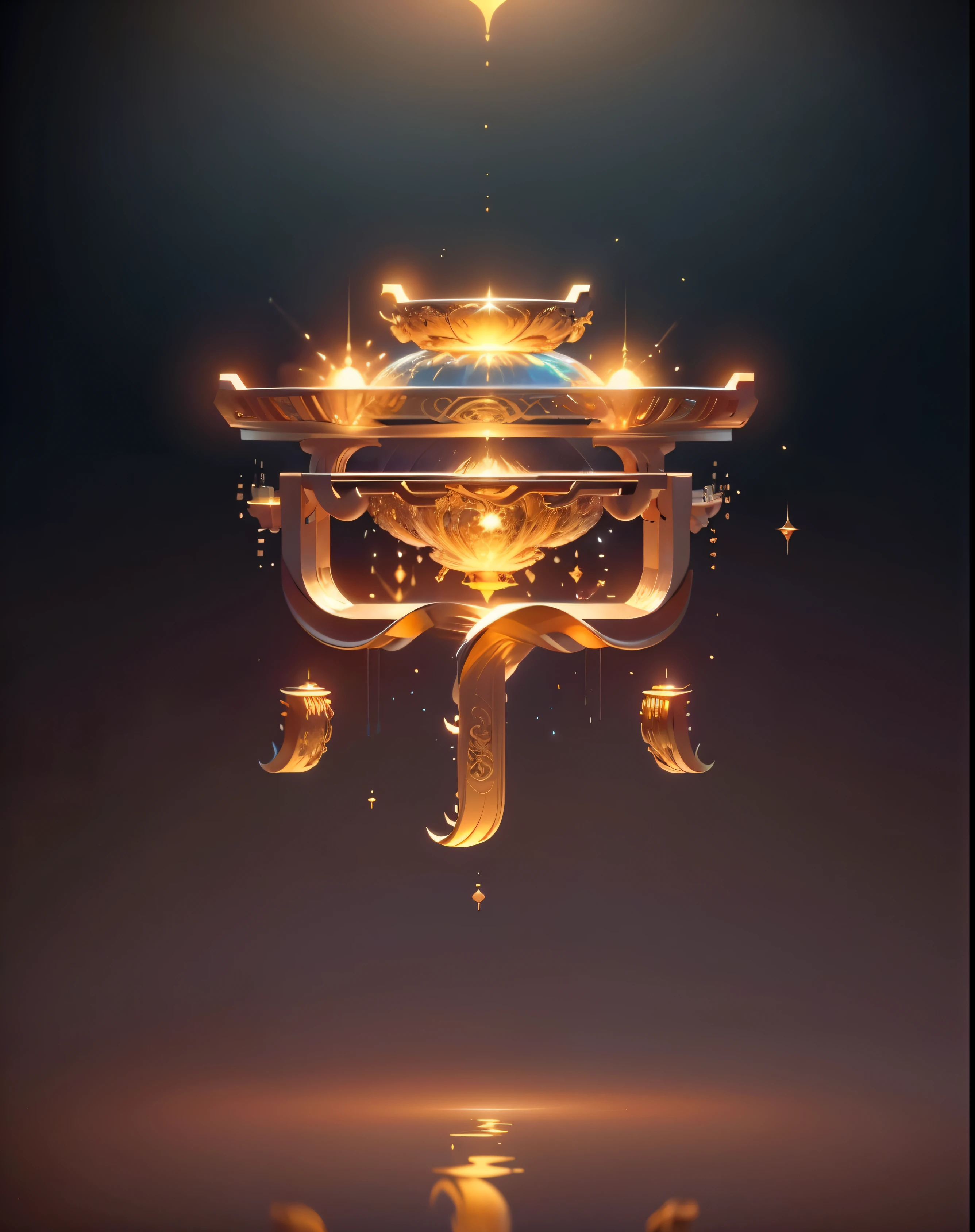 Close-up of Golden crystal with many bubbles, Sparkling multi-dimensional decorations, Golden crystal and fireflies, magic particles, Golden crystal, particle reflections, ornate galactic gold, particles floating, energy crystal, floating particles, Floating crystals, universe life significance, 3 d render bipur, bipur. octane rendering