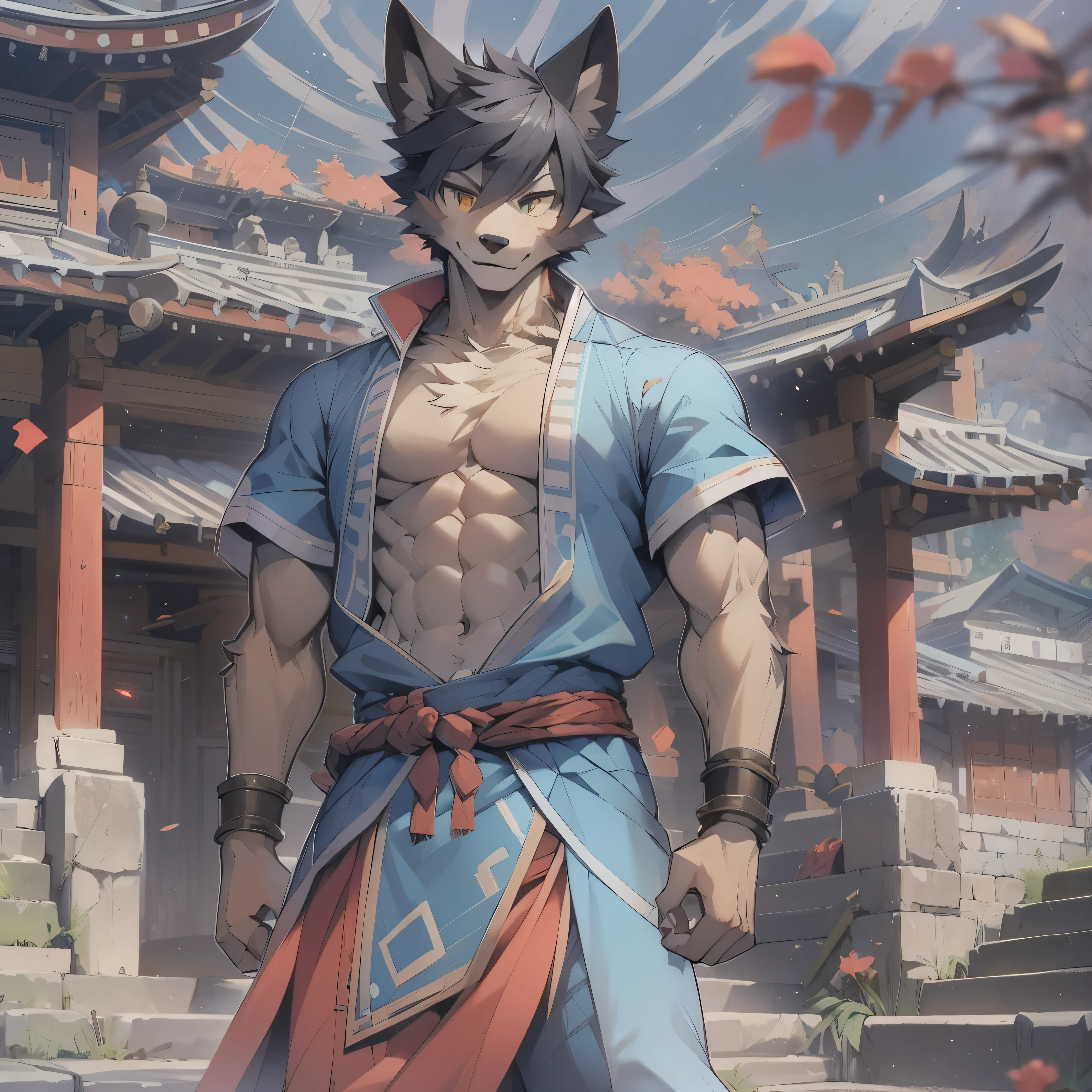 best quality, young, , hairy, alone, male wolf: 1.5, light blue fur: 1.3, Light blue ears, Animal ears, yellow eyes, Doll hands, muscular body, abdominal muscles, Wear Shaolin legs, topless, Standing in the courtyard of Shaolin Temple.