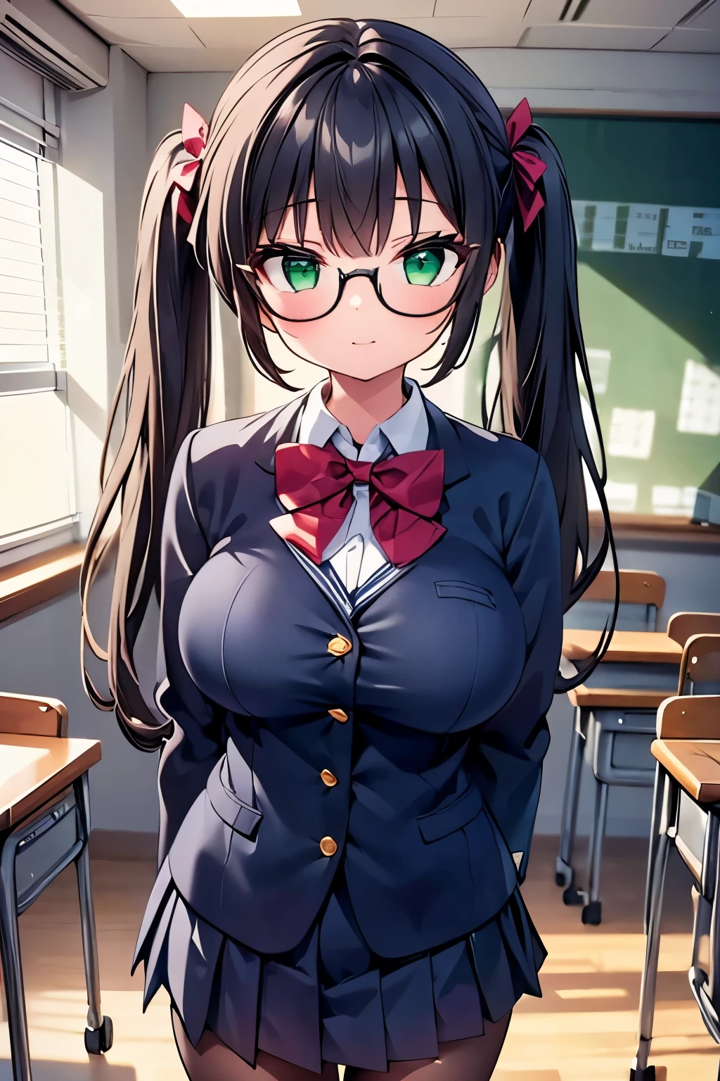 highest quality,wonderful,finely,extremely detailed CG unity 8k wallpaper,1 girl, big breasts,(school uniform:1.3), huge breasts, turn your arms behind your back, black hair, glasses, green eyes,twin tails, highest quality,Super detailed,unity 8k wallpaper,game CG,