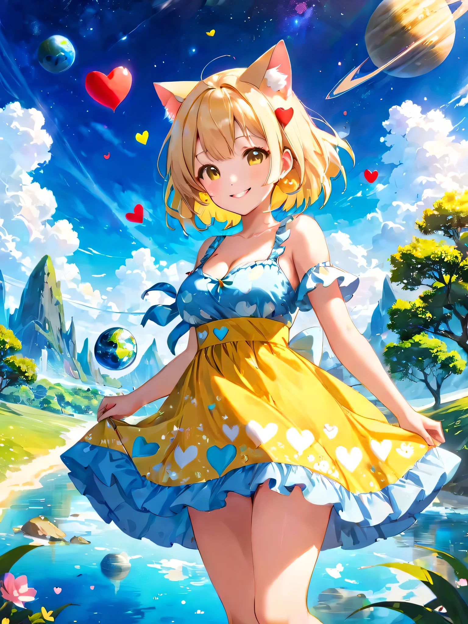 NSFW 4kquality, highest quality, superior_, brown eyes, , Lying down on the superior of a hotel bed、16 year old girl sexy pose Pink Print Bra for Heavy Sweating、Pink Print Panties、The polka dot pattern is good、good plaid pattern、cute、good、、、、cotton panties、(Cat ear)、Bob Cut Blonde Hair、big breasts、full body shot、A vibrant otherworld、soft belly、There's a planet outside