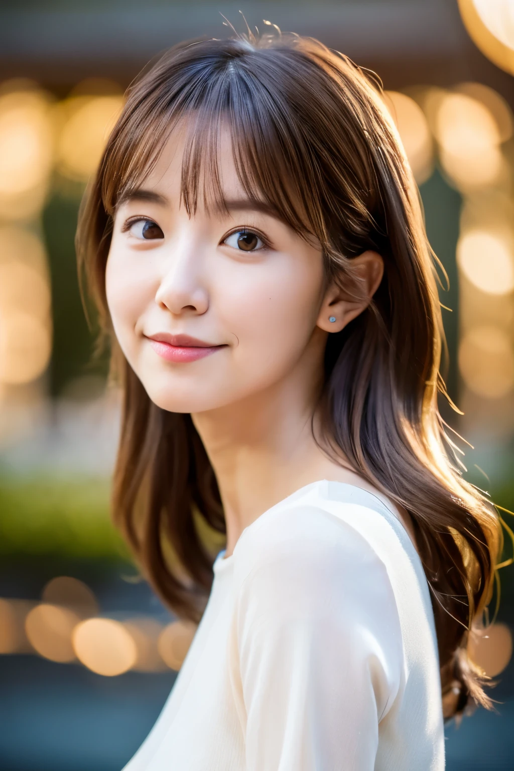 masterpiece, Best Quality, 8K, 1girl, Correct human hands, correct human fingers, Skinny Japanese woman, Cute, Girly, Delicate woman, Neat and clean beauty, small , very thin waist,  lips, luminescence, Looking away, Raw photo, F/1.8, 135 mm, CANON, Anatomically correct, bokeh，Textured skin, Professional Photography, Soft light, Professional Lighting, back light, Film grain, (Eyes and faces with detailed:1.0), brown hair, medium hair swaying in the wind, Silk Blouse,