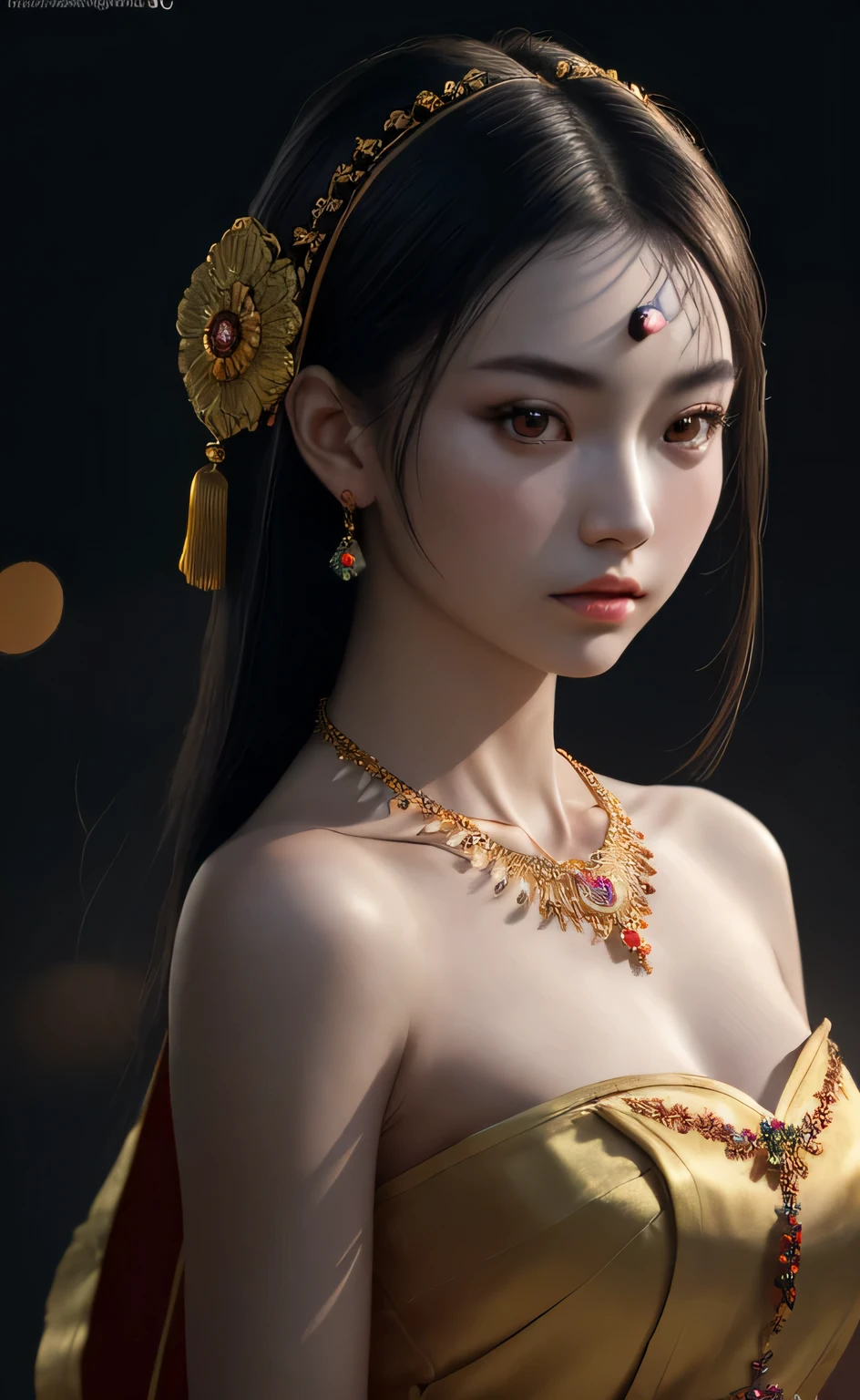 最high quality, masterpiece, High resolution, 1 girl,China dress,hair ornaments,necklace, jewelry,beautiful face,On top of that_body, Tyndall effect,realistic, Dark studio, rim lighting, two-tone lighting,(high definition skin:1.2), 8K uhd, Digital single-lens reflex camera, soft lighting, high quality, volume lighting, Frank, photograph, High resolution, 4k, 8K, Bokeh
