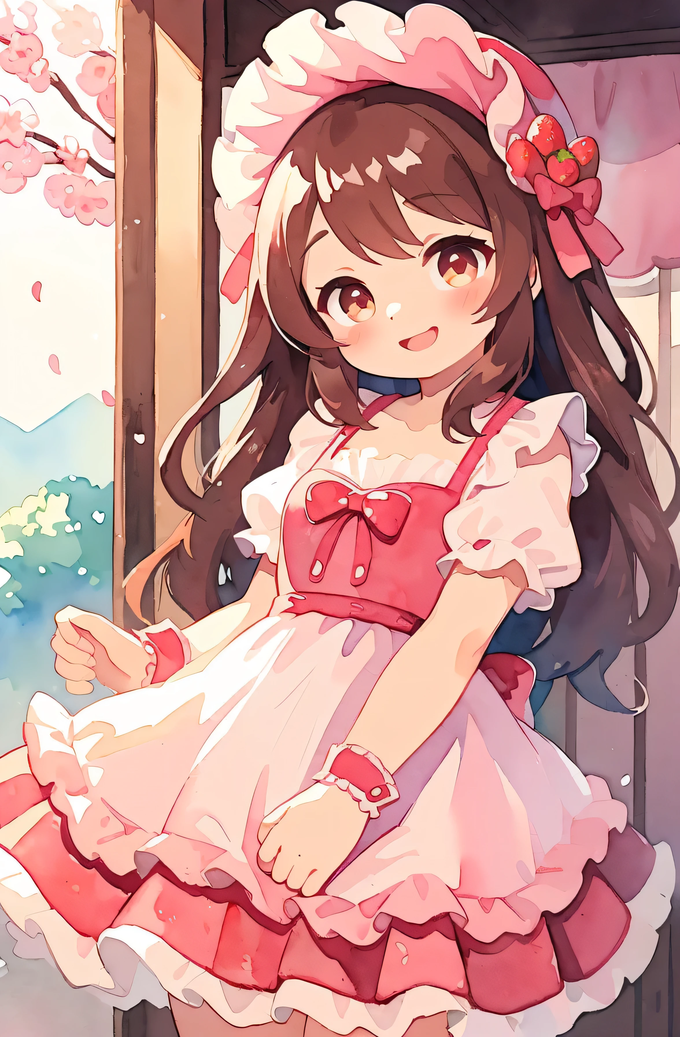 (best quality,ultrares,masterpiece:1.2) (watercolor: 1.45) (pastel colors: 1) 1girl in strawberry-themed maid outfit, hoilding a tray with strawberry cake, strawberry-pattern frilled dress, strawberry brown hair, round brown eyes, coffee shop, clear blue sky, charming smile, blush, cherry blossom (cowboy shot)