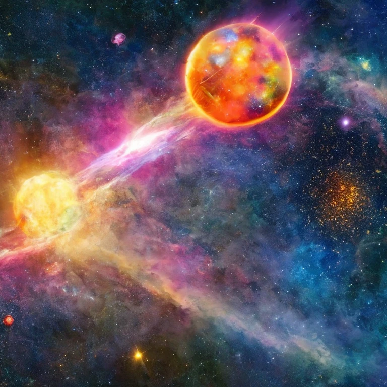 A vibrant cosmic scene with a large translucent sphere encompassing a smaller, glowing orb surrouned by various colorful nebulae and star clusters against a starry space background, featuring a swirling galaxy in the distance