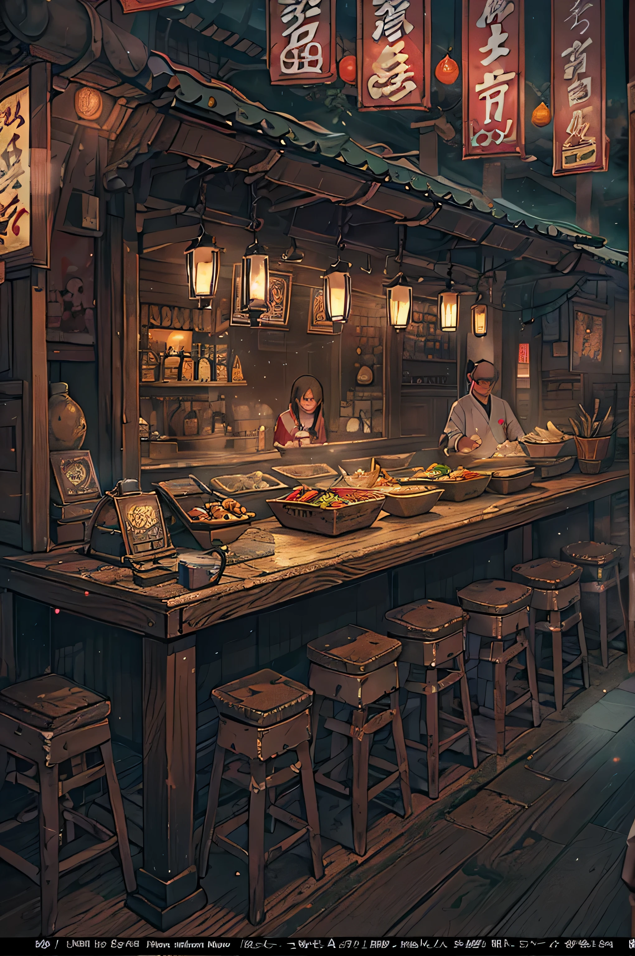 (masterpiece), best quality, very detailed, fantasy art, Oriental traditional restaurant, Korean restaurant atmosphere, Indoor food stall atmosphere, Old atmosphere from the 1600s, Shown only as background, no people, Dark ambient lighting in the middle of the night,
