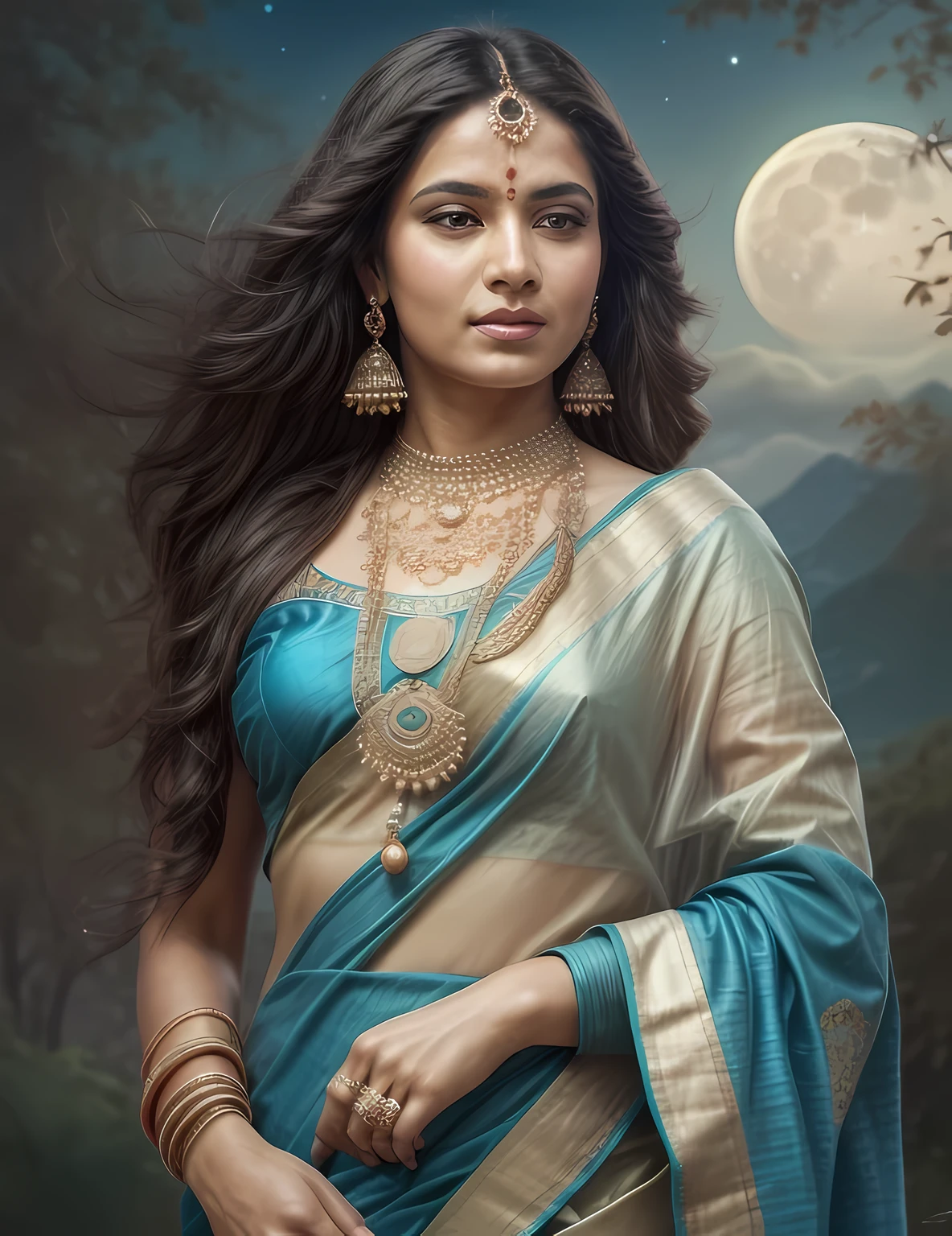 a woman in a blue sari with a moon in the background, a stunning portrait of a goddess, indian goddess, portrait of a beautiful goddess, beautiful goddess, beautiful character painting, painting of beautiful, long detailed hair, hair flowing, traditional beauty, portrait of a norse moon goddess, indian goddess of wealth, goddess portrait, moon goddess, goddess. extremely high detail, gorgeous woman, detailed skin, Detailed sexy face, detailed eyes, perfectly drawn fingers, 4k UHD