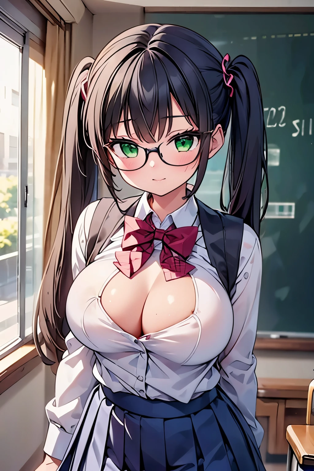 highest quality,wonderful,finely,extremely detailed CG unity 8k wallpaper,1 girl, big breasts,(school uniform:1.3), huge breasts, turn your arms behind your back, black hair, glasses, green eyes,twin tails, highest quality,Super detailed,unity 8k wallpaper,game CG,
