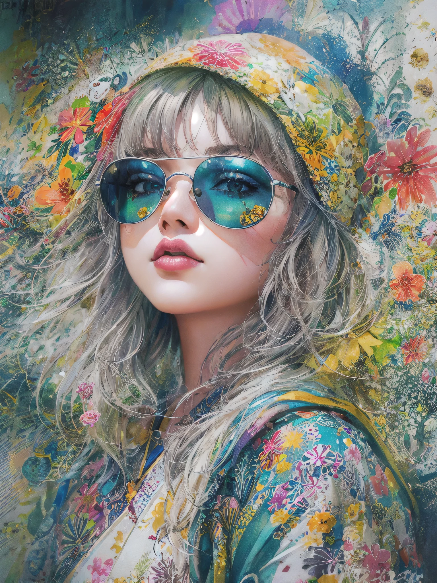 8K quality, watercolor painting, stylish design, (((The strongest beautiful girl of all time))), (((Japanese)))、Idol、clear, Stylish sunglasses, Fashionable hats, (((highest quality))), bob hair, HDR, ((Detailed details)), SKULL fashion, detailed clothing texture, (((graffiti art))), colorful hair, ((masterpiece))、((Super detailed))、(((colorful flowers)))