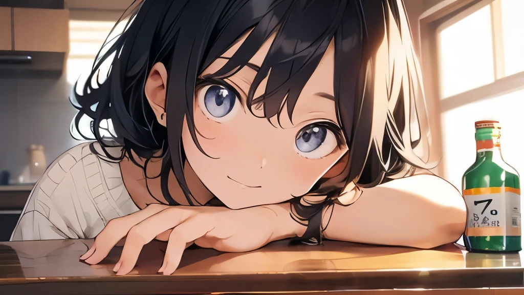 とてもsmile、 female、black hair、hair is short、smile、one's home、eyes are black、Very beautiful、chest is big、drinking juice from a bottle