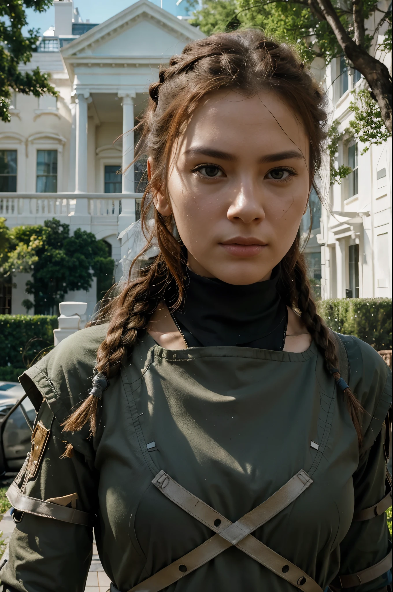Aloy, the formidable and unwavering warrior of Horizon Zero Dawn, maneuvers fearlessly in front of the White House in Washington. ruined buildings engulfed by vegetation and fascinating, a hunderjaw this yours between her and the white house heightening the urgency with every step she takes. chaos and aesthetics. This impeccably detailed image expertly captures the action in high definition, immersing viewers in a palpable dystopian ambiance.