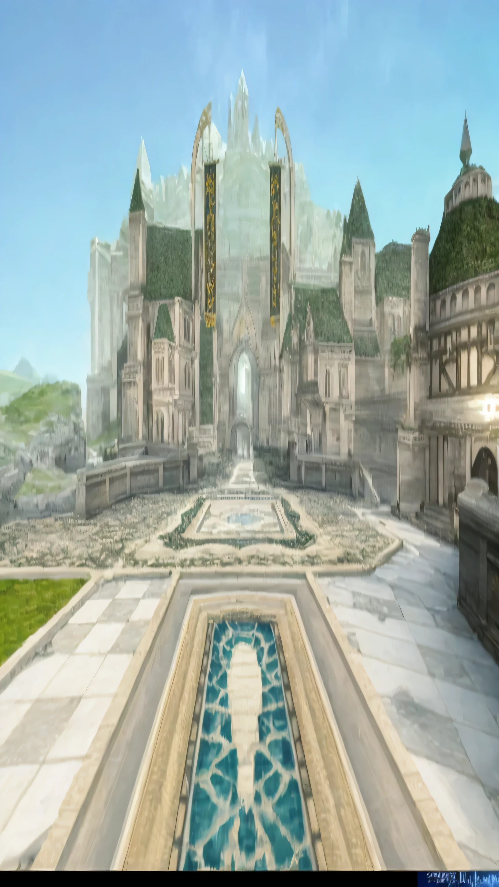 there is a large castle, a wide open courtyard in an epic, stunning arcanum backdrop, beautiful screenshot, elven city, entrance to ethereal realm, town center background, rivendell, elven palace of ghemathar, hyrule, the entrance of valhalla, near crystal temple in atlantis