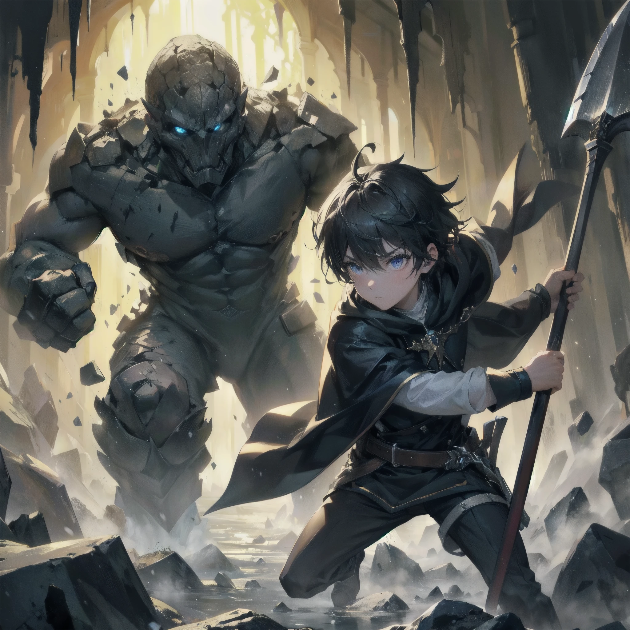 high quality,hd,16k,sharp line,1boy,fight golem,incave,,hold a shovel like sword,