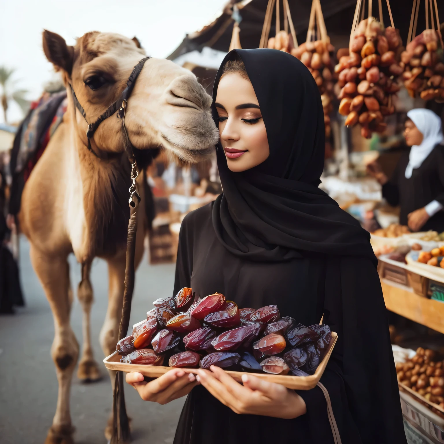 araffe with a black scarf on a woman dressed in black carrying a camel, walking through a traditional market, buying dates, date market, date fruit, date trader, hijab, middle eastern style vendor, attractive girl, cute woman, middle east, beautiful arab woman, woman beautiful oriental, muslim, ramadan market, date market, arab market, beautiful girl, middle eastern young woman, beautiful woman, beautiful girl, arab beauty