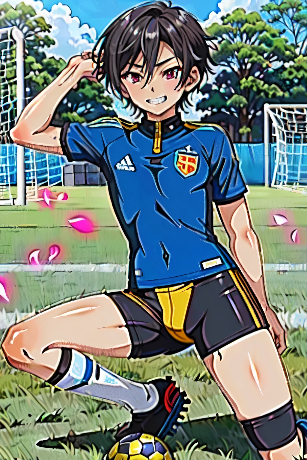 (((official art,Ultra-fine illustration,High resolution, debris flies, 最high quality,最high quality,)))high quality, become familiar with, ( boy),12 yeaung ace striker male idol with a super cute face,A boy as beautiful as Planding, long legs, thighs, feet, Lack of bulges, (black hair、short hair)、(tight soccer uniform bodysuit), (tight and shiny spats), (soccer socks), lawn area, (厚いthighs)、(((soccer field in the park)))、((Saucy、))、grin and laugh、feetを広げて,Ultra-fine painting, ,service shot、bulge in crotch、,nsfw