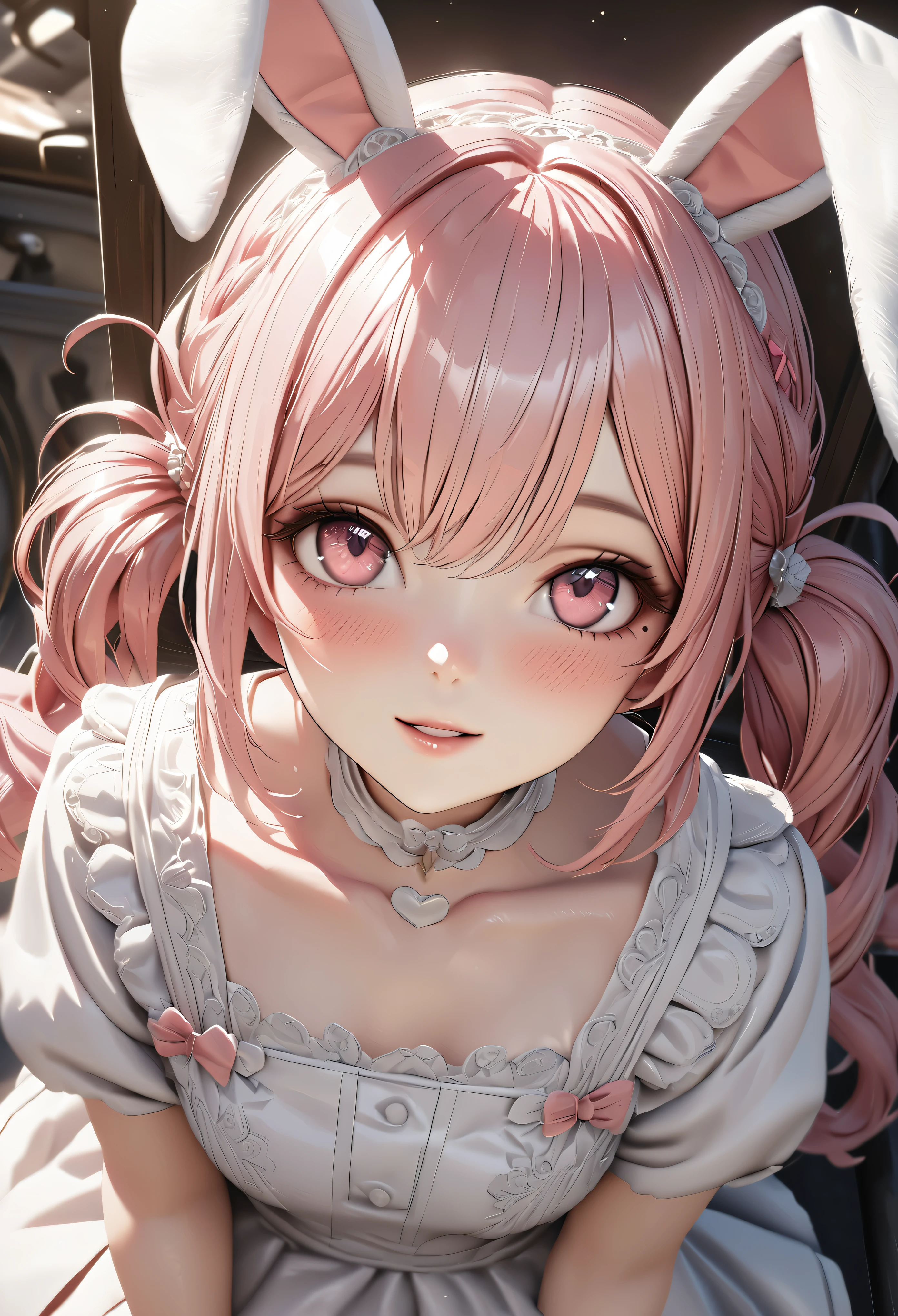 Top quality, best quality, super detailed, hi-res, high resolution, HDR, 4k, 8k, unity 8k wallpaper, highly detailed CG, masterpiece, realistic, photorealistic, 2D, 3D, beautiful details, depth, fine textures , ultra-fine: 1.3, fully focused, crispy.skin, .berak,
Very cute anime girl with pigtails hair in a pink bun dressed like a doll, smile,one girl, solo, pink hair, animal ears, mole under the eyes, looking at viewer, dress, blush, white Dress, mole, bunny ears, parted lips, hair ornament, heart, pink eyes, choker