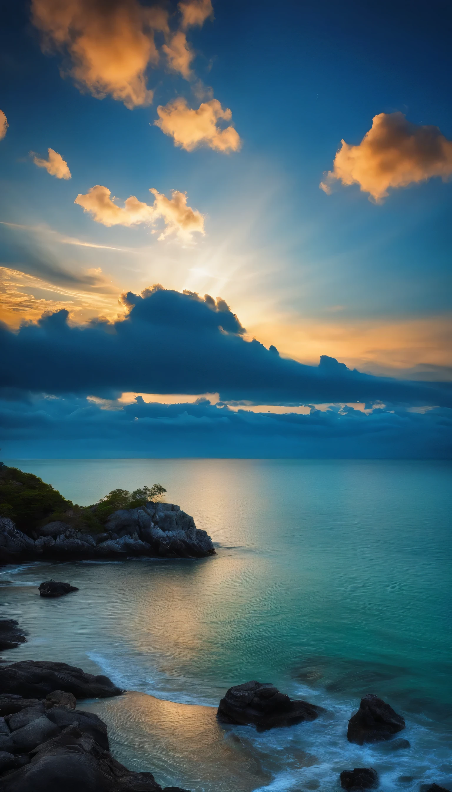 Island, blue sea, clouds, night sky,