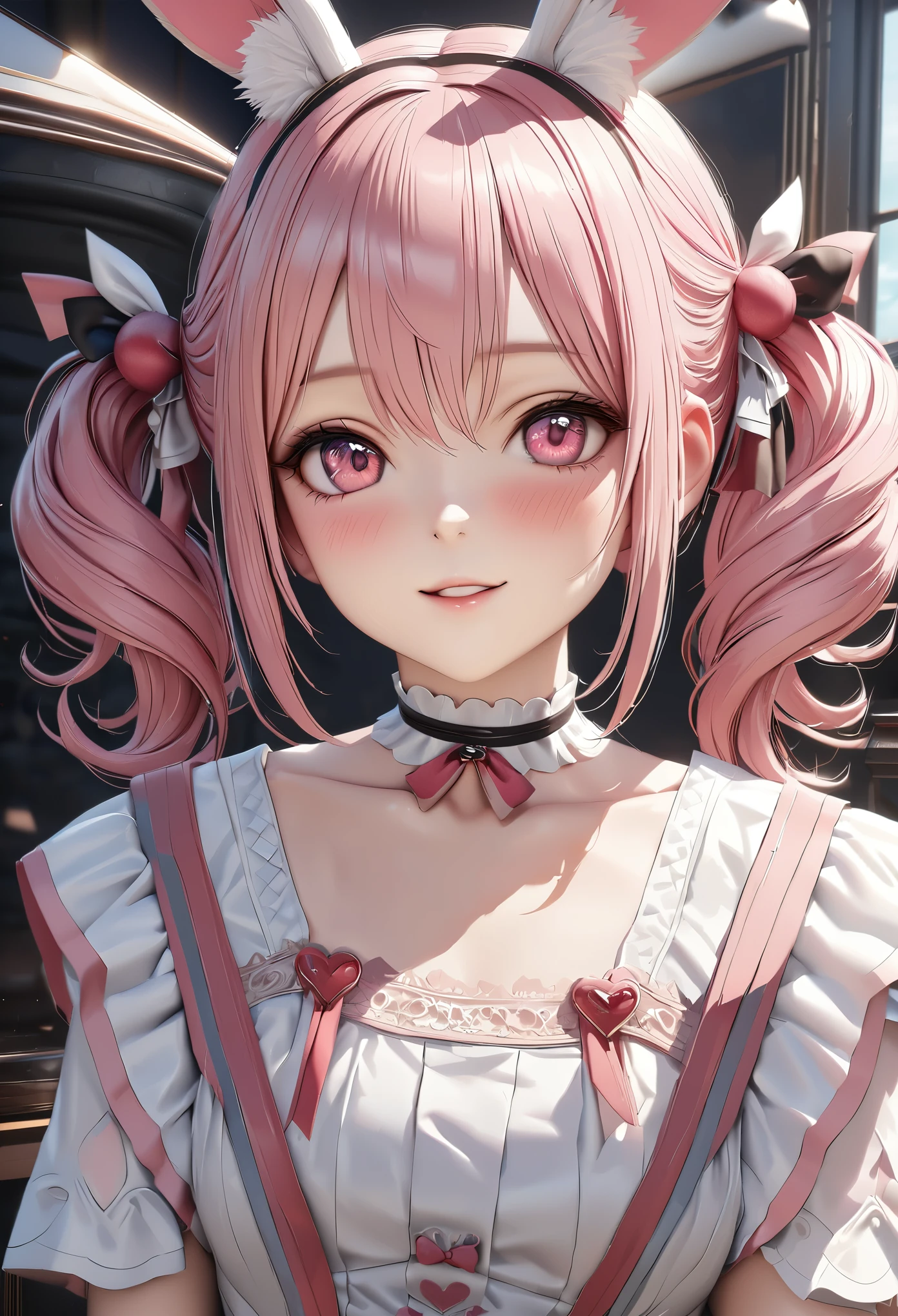 Top quality, best quality, super detailed, hi-res, high resolution, HDR, 4k, 8k, unity 8k wallpaper, highly detailed CG, masterpiece, realistic, photorealistic, 2D, 3D, beautiful details, depth, fine textures , ultra-fine: 1.3, fully focused, crispy.skin, .berak,
Very cute anime girl with pigtails hair in a pink bun dressed like a doll, smile,one girl, solo, pink hair, animal ears, mole under the eyes, looking at viewer, dress, blush, white Dress, mole, bunny ears, parted lips, hair ornament, heart, pink eyes, choker