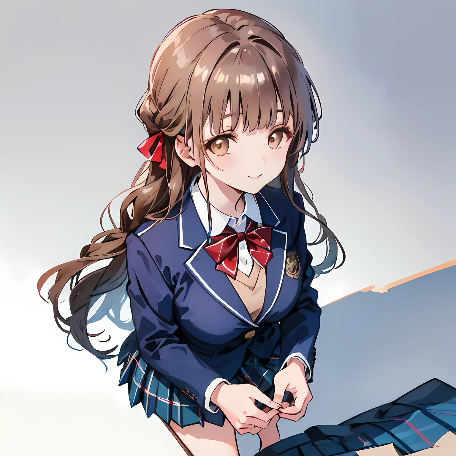 highest quality, (masterpiece:1.2), High resolution, perfect pixel, One so beautiful woman is standing, 16 years old, (((big very detailed beautiful dark brown eyes))), ((girly large wine-red glossy polyester Japanese school ribbon bow tie)), ((((very beautiful long straight straight hair)))), half up, ((((dark blue & deep navy colored tartan checkered formal skirt)))), ((A formal dark blue blazer that is slightly larger and has a gold emblem on the left chest that feels like the texture of the cloth.)), ((Looking up at the viewer and smiling)), Very fun, Very happy, mouth is open, the skirt is so cute, detailed fingers, modest chest, ((curled bangs)), ((Lip balm)), so beautiful, long eyelashes, ((Skirt and bow tie is photo realistic)), (((Touching your hair with your hands))), ((Showing viewers the beauty of straight hair)), ((very big girly hair ribbons)), ((Impressive and very beautiful eyes)), (((shot from above))), double eyelids, The entire skirt is photographed, ((((upward glance))))