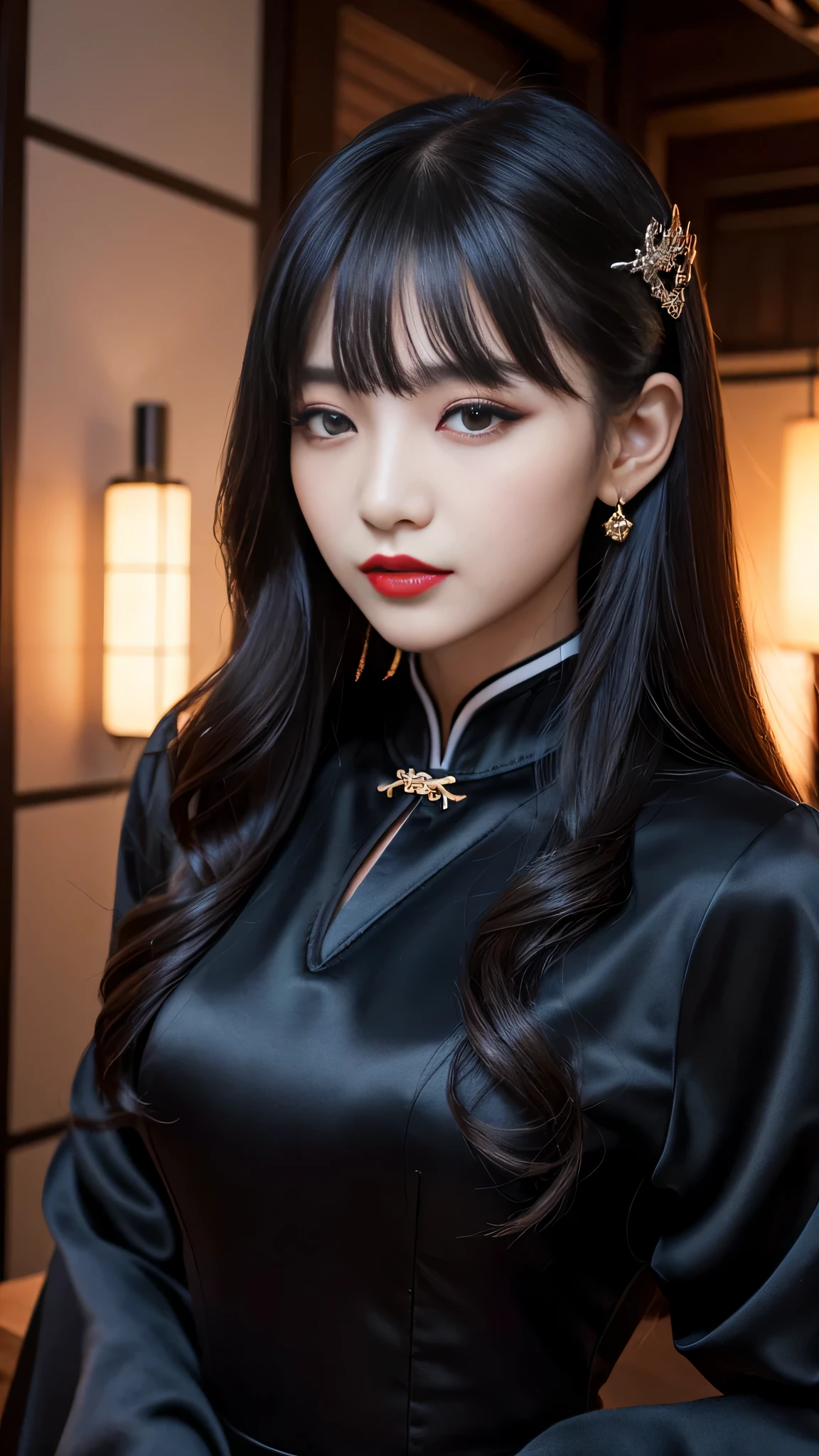 tra-detailed、Japanese、attractive beauty、seductive adult woman、pretty woman、piercing eyes、cool girl、wavy hair、swept bangs、Long Black and Gold Cheongsam、wide sleeves、Evil cadres、evil depravity、brainwash、mind control、lipstick、lip gloss、dark makeup、smirk、whisper in your ear、Evil expression、evil、hollow eyes,half-closed eyes、empty eyes、evil、church at night、vampire、succubus、vampire、Swear allegiance、sexy pose、hair ornaments、