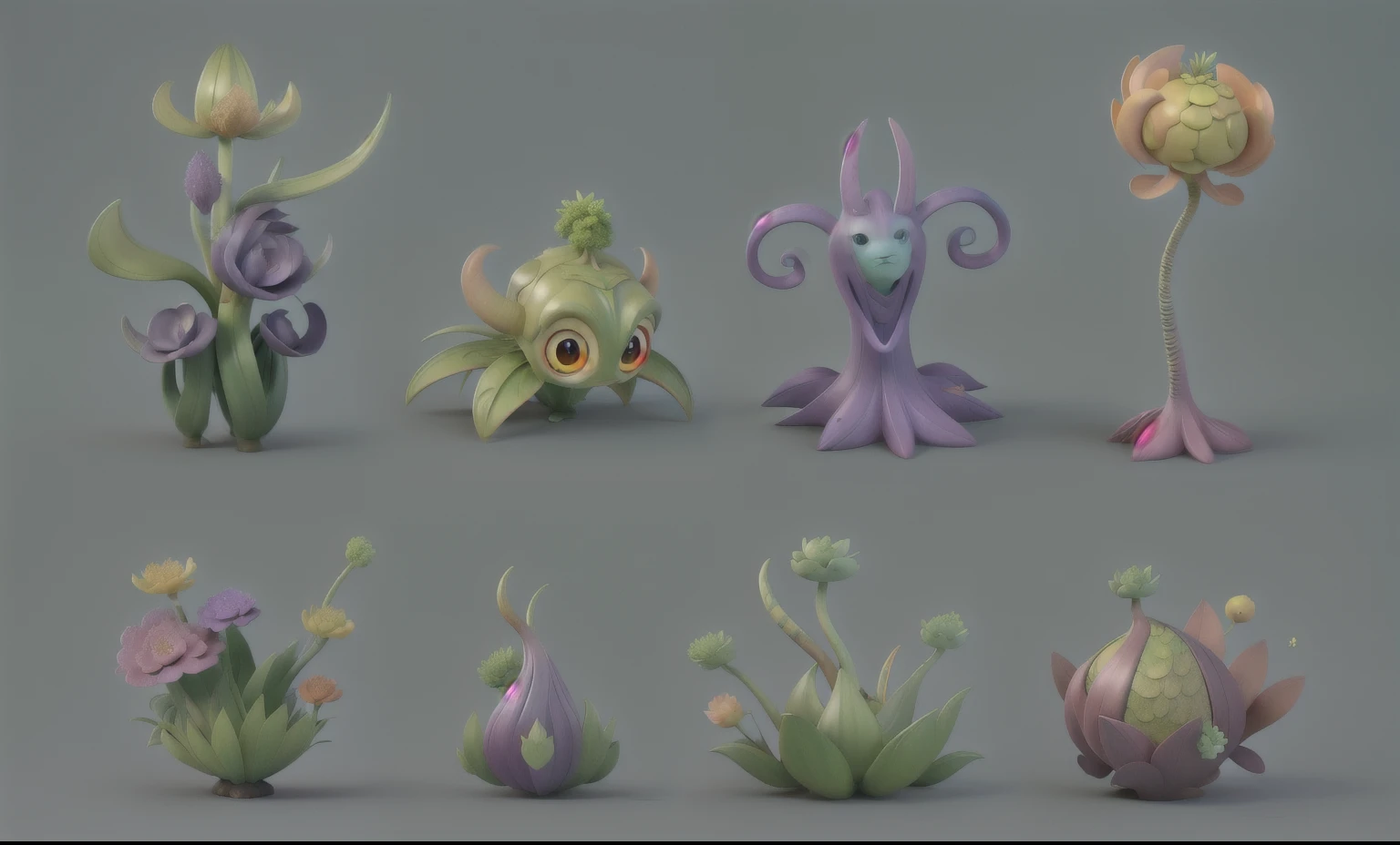a close up of a bunch of different colored plants, fantasy magic vegetation, lots of weird exotic plants, stylized game art, exotic plants, stylized concept art, Alien plants群 and fauna, colorful Alien plants群, Magical garden plant creatures, exotic plants and animals, game assetss, game assets, stylized vegetation, props containing trees, Alien plants群, Alien plants