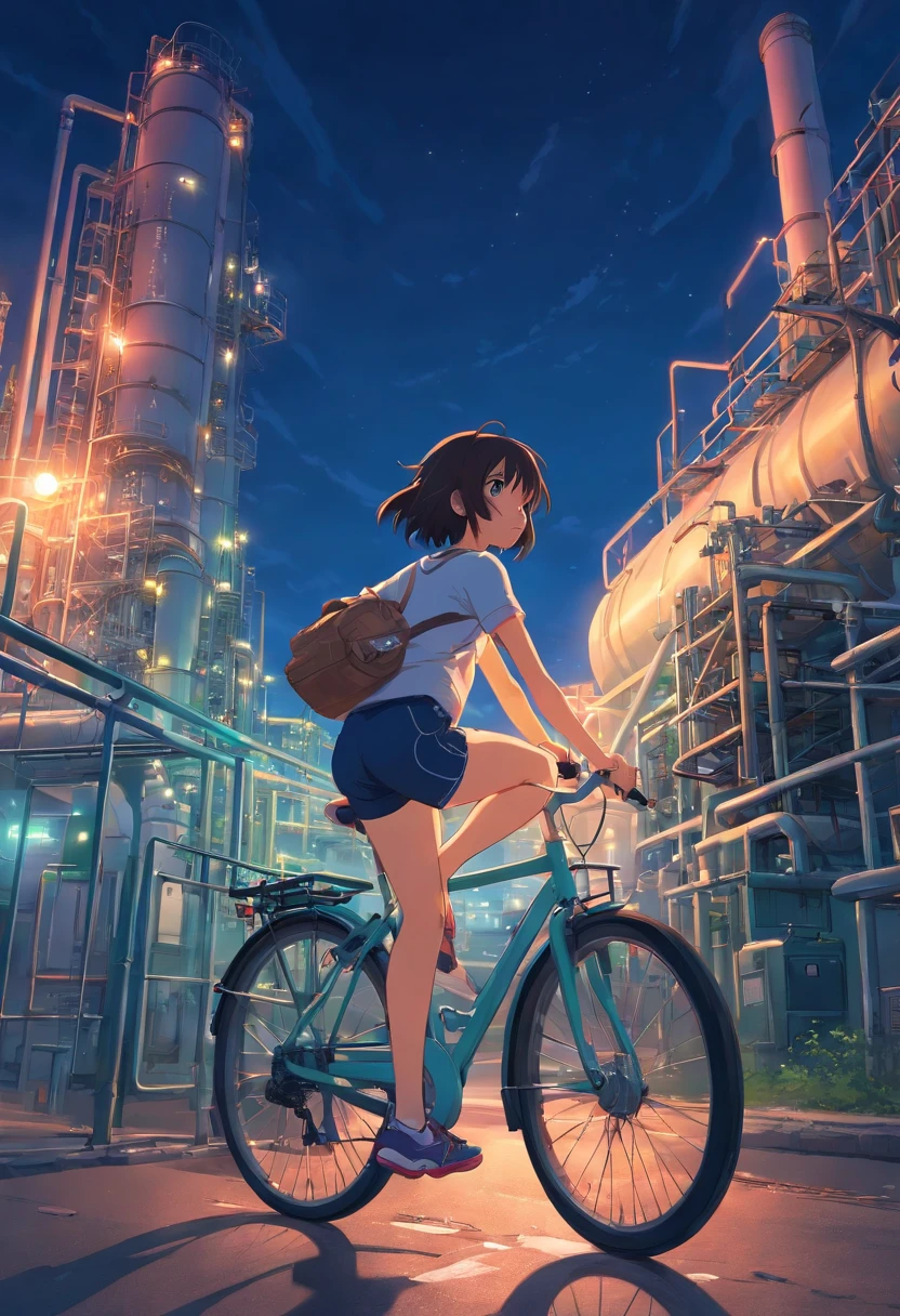 a girl rides a bicycle, in running shorts, short shorts, petrochemical plant, at night,
