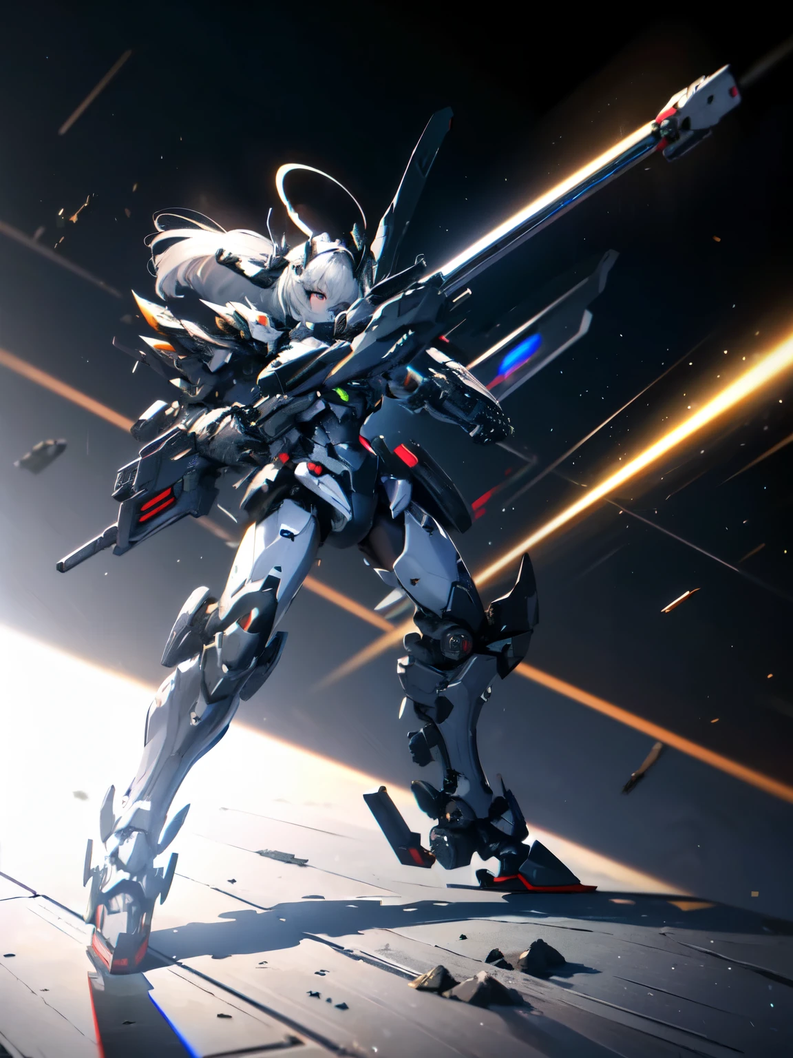 female robot, mechanically articulated limbs, The whole body is covered with heavy mechanical armor., connected cables, perfect five fingers, tube that connects the body, long gray hair, Huge armor on both arms, Huge thruster on the waist, open stance, depiction from knee to head, Floating machine support unit, (Headgear with sharp angles on each side of the head: 1.2), ( Giant mechanical black halo: 1.2), Drone-type weapons, black giant weapon, Black Giant Cannon, Black Giant Laser Rifle, Mechanical nuclear giant rifle, masterpiece, highest quality, Capture the cutest moments, Depth of the bounds written, super detailed, ultra high resolution, c4d, octadale, 3D modeling, 8K, 16k,