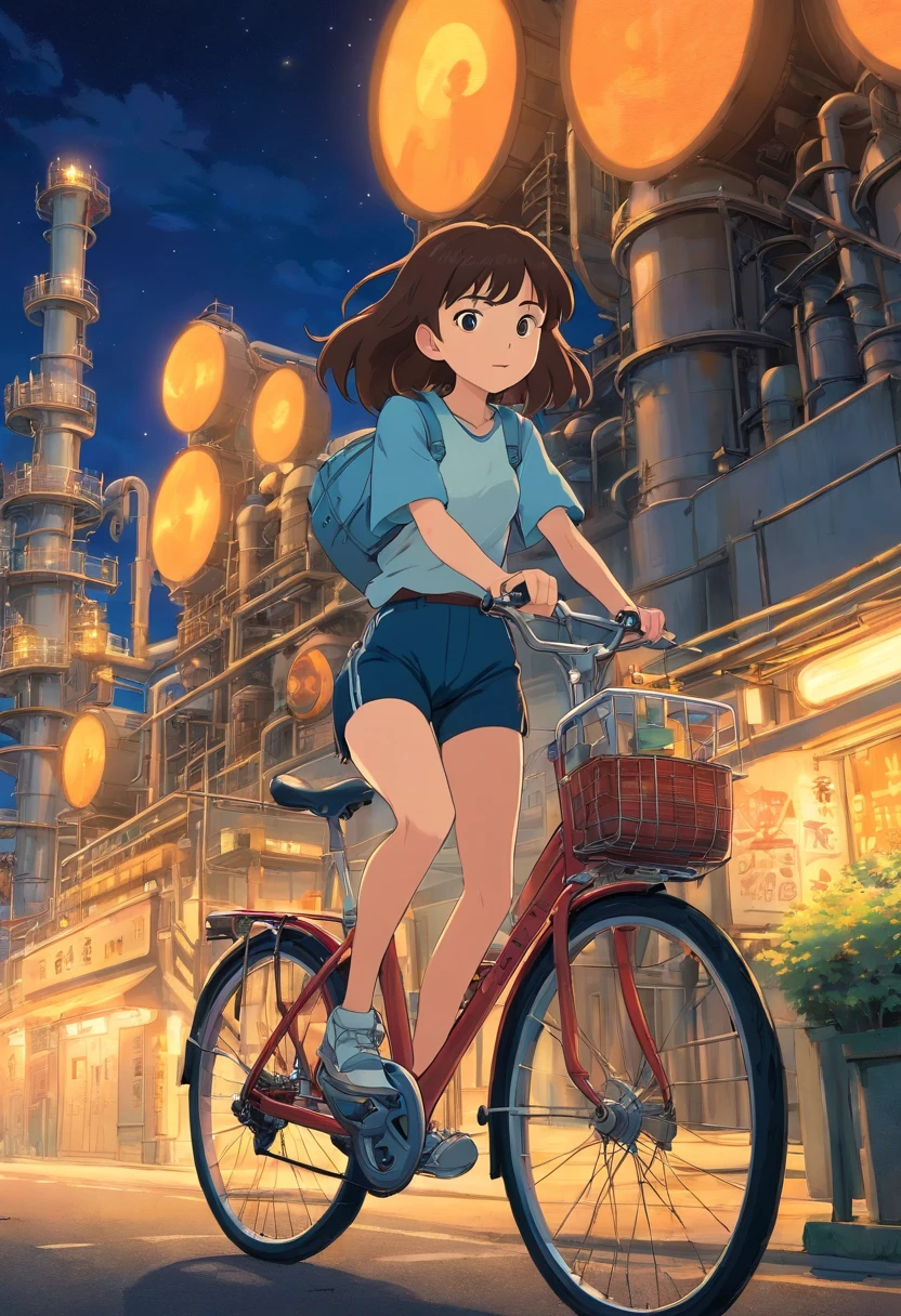 a girl rides a bicycle, in running shorts, short shorts, petrochemical plant, at night,
