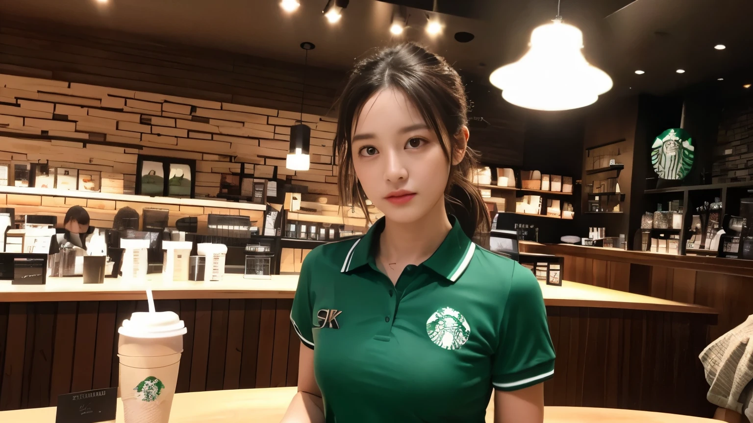 ((highest quality、8K、masterpiece:1.3))、sharp focus:1.2、beautiful woman with perfect body:1.4、(black polo shirt)、(Inside the Starbucks store:1.2)、Highly detailed face and skin texture、 detailed eye、double eyelid、sunburned肌、sexy、sunburned,Japanese idol
