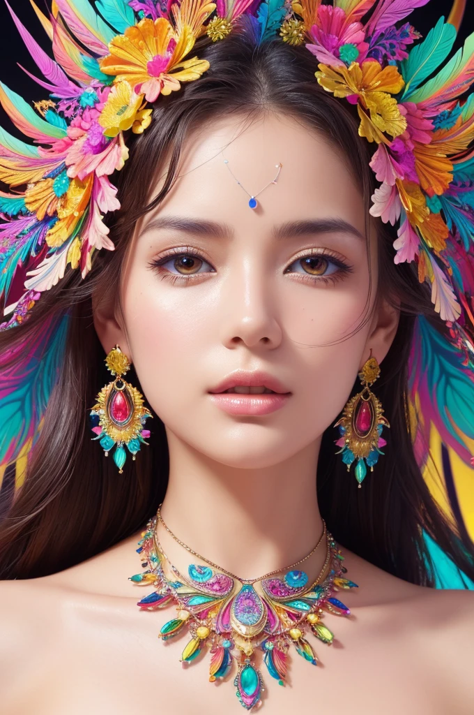 ((fractal art)),((masterpiece,highest quality,very detailed,ultra high resolution,detailed background)),(((abstract background))),(1 girl),((colorful)),flowers,(shiny skin),((lots of colors)),(earrings),feather