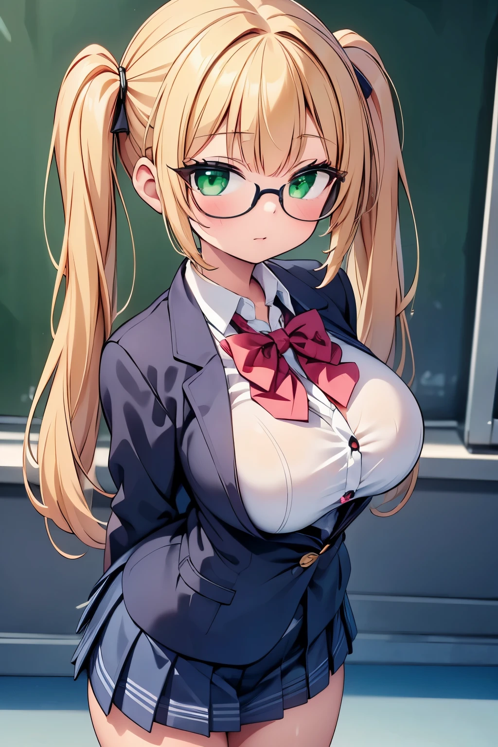 highest quality,wonderful,finely,extremely detailed CG unity 8k wallpaper,1 girl, big breasts,(school uniform:1.3), turn your arms behind your back, water wet, black hair, glasses, green eyes,twin tails, highest quality,Super detailed,unity 8k wallpaper,game CG,