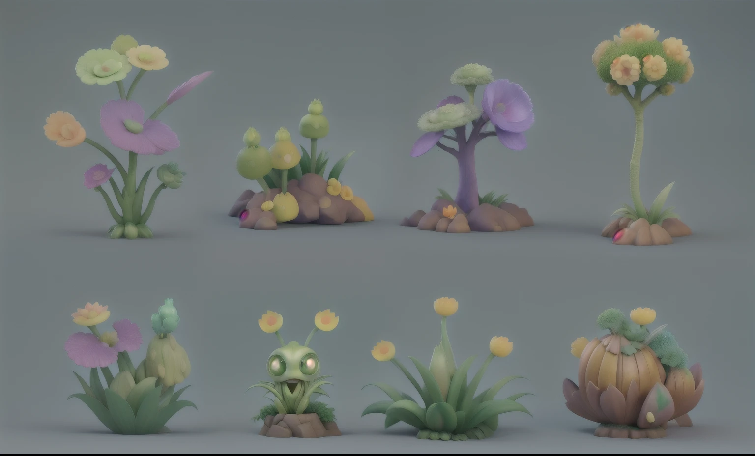 a close up of a bunch of different colored plants, fantasy magic vegetation, lots of weird exotic plants, stylized game art, exotic plants, stylized concept art, Alien plants群 and fauna, colorful Alien plants群, Magical garden plant creatures, exotic plants and animals, game assetss, game assets, stylized vegetation, props containing trees, Alien plants群, Alien plants