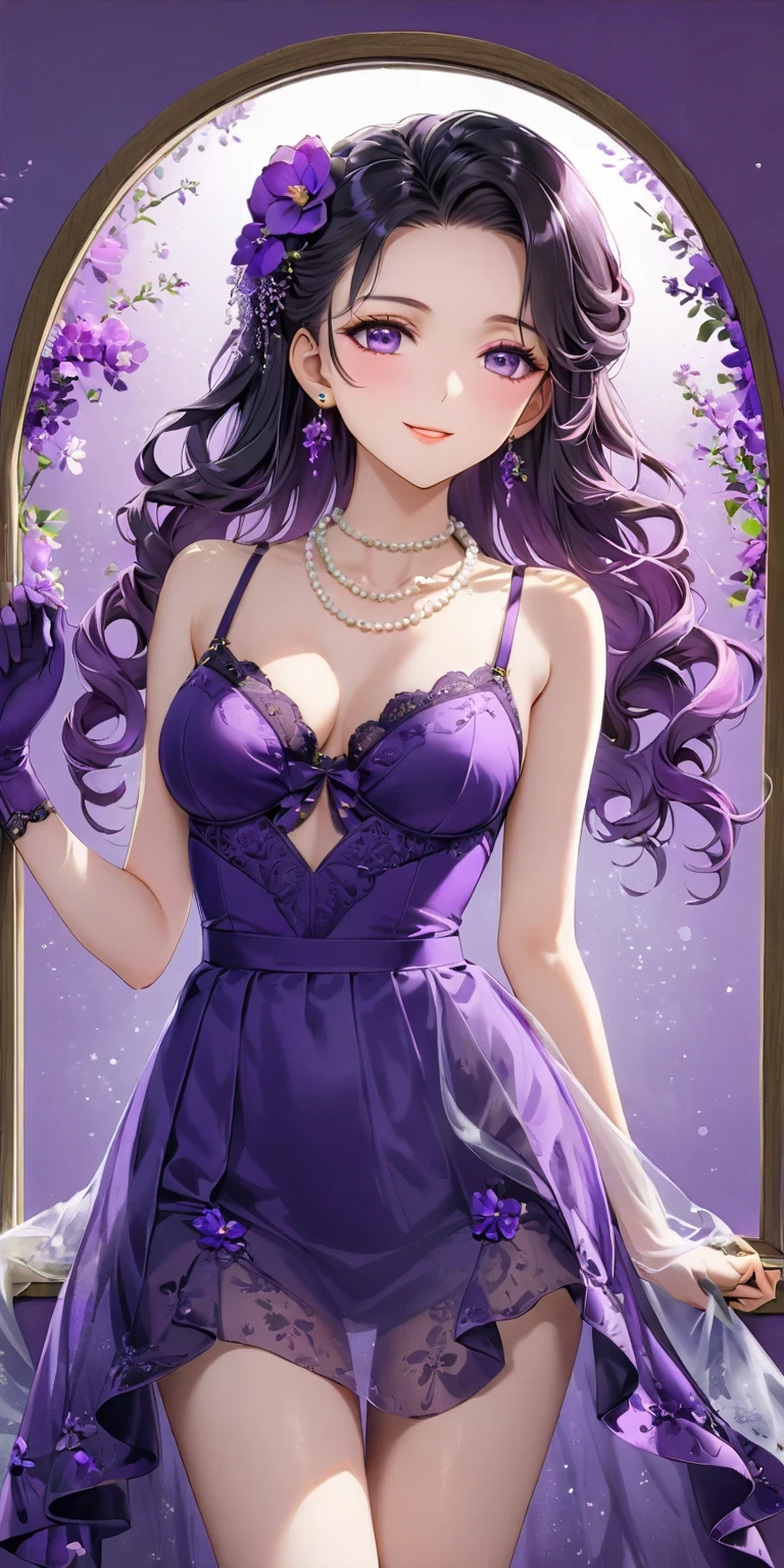 diy10,On purple and white bed,A woman in a purple dress、Black woman standing。She plays a character from a Japanese anime,Exudes an alluring charm。Fine lace adorns her clothes,Sparkly heels complement purple gloves。Pearl necklace embellishes the neck,Curly hair caresses shoulders。Stand sideways with a smile,Stand by the window,against purple background,Presents exquisite makeup。Through transparent glass windows,Soft light shines in it,breeze blows,Make his clothes flowing。Hands hang naturally,The body is filled with the fragrance of violet perfume。The overall shape shows a silk texture,High-waisted design,Wear small earrings,The background is decorated with elegant purple flowers and delicate purple bows,Presenting a charming and elegant picture。