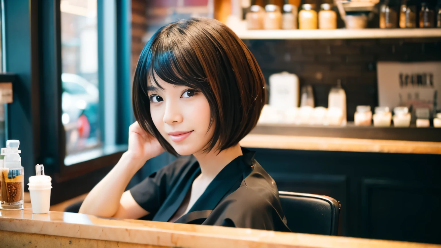 ,beauty salon model,haircut model woman,Photographed inside the cafe,Stylish cafe in New York,Japanese idol