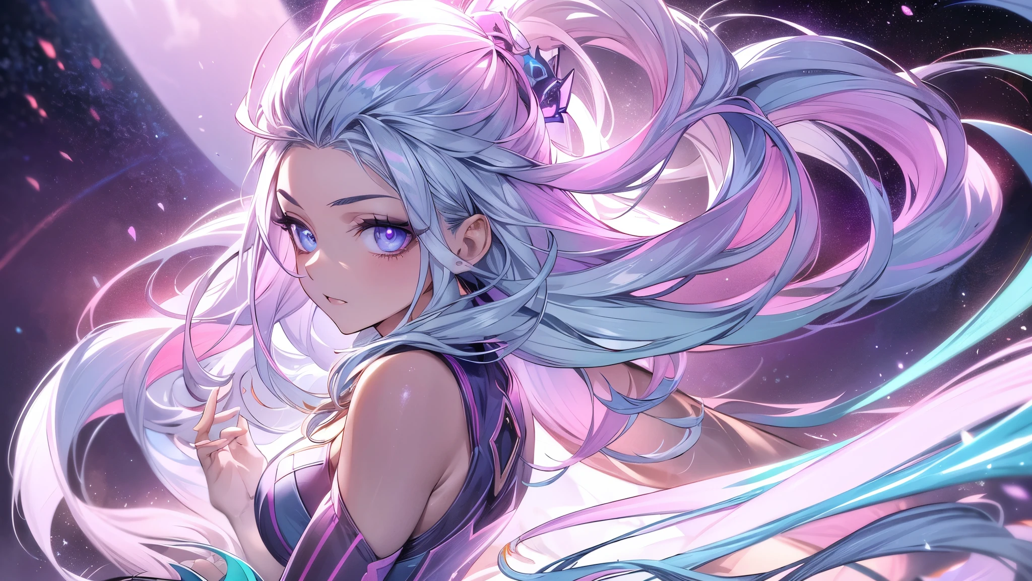 1 girl, 20 year old girl, one person, (silver blue hair stripes pink purple:1.4), (Gradient sky blue hair tail:1.6), Hair, Ridiculously long hair, Single side lock, curls, shiny hair, flowing hair, (Illusion dark purple eyes), exquisite eyes, aqua eyes, as tall as real eyes, ((glowing eyes)), cosmetic, focus on face, The facial details are very rich, hot body, random environment, Random pose, on the street, Looking at the starry night sky, meteor, Technical clothing masterpiece, white maxi skirt, There are several cross stars next to it, Colored lights swirl around the body, (((A super huge, colorful, super complex, multiple luminous magic array stands straight on the back of the head.))), cyberpunk, full-body shot, realism, chiaroscuro, (glowing light), spark, Ray tracing, movie lighting, Futurism, motion blur, super wide angle, divine light, atmospheric perspective, best quality, ultra high definition, Super details, masterpiece, high resolution, precise, retina