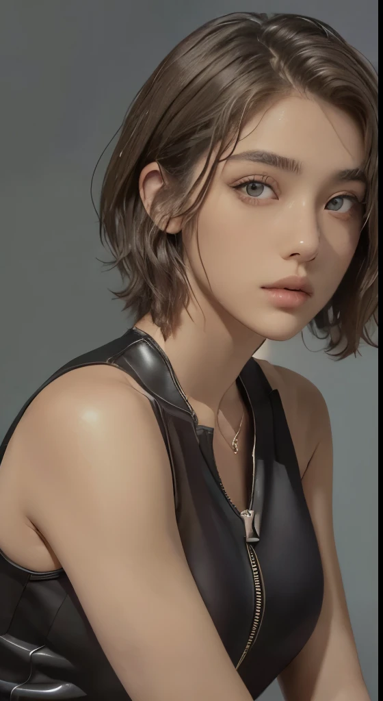 (masterpiece、highest quality、photorealistic、High resolution、photograph、:1.3)、very close up shot、sharp focus、one brunette girl、european girl、hot models、Highly detailed eyes and pupils、real skin、slim body shape、、small breasts、short cut hair、dark brown hair、delicate sexy face、sensual gaze、glossy lips、((Wearing a zip tank top sweatshirt))、((real、超real、realism、realなディテール)、gray background