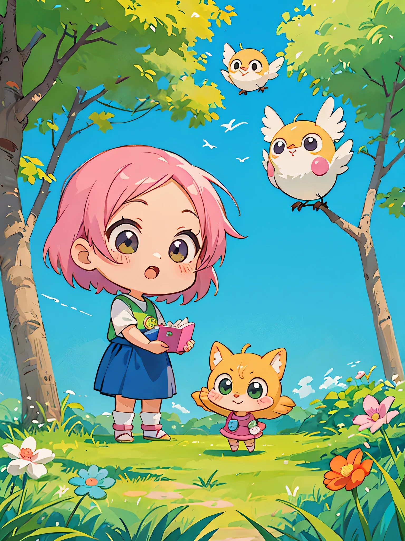 akira toriyama style, Kawaii Design, most beautiful girl ever、Chibi, beautiful spring afternoon、birdie、Cherish your time